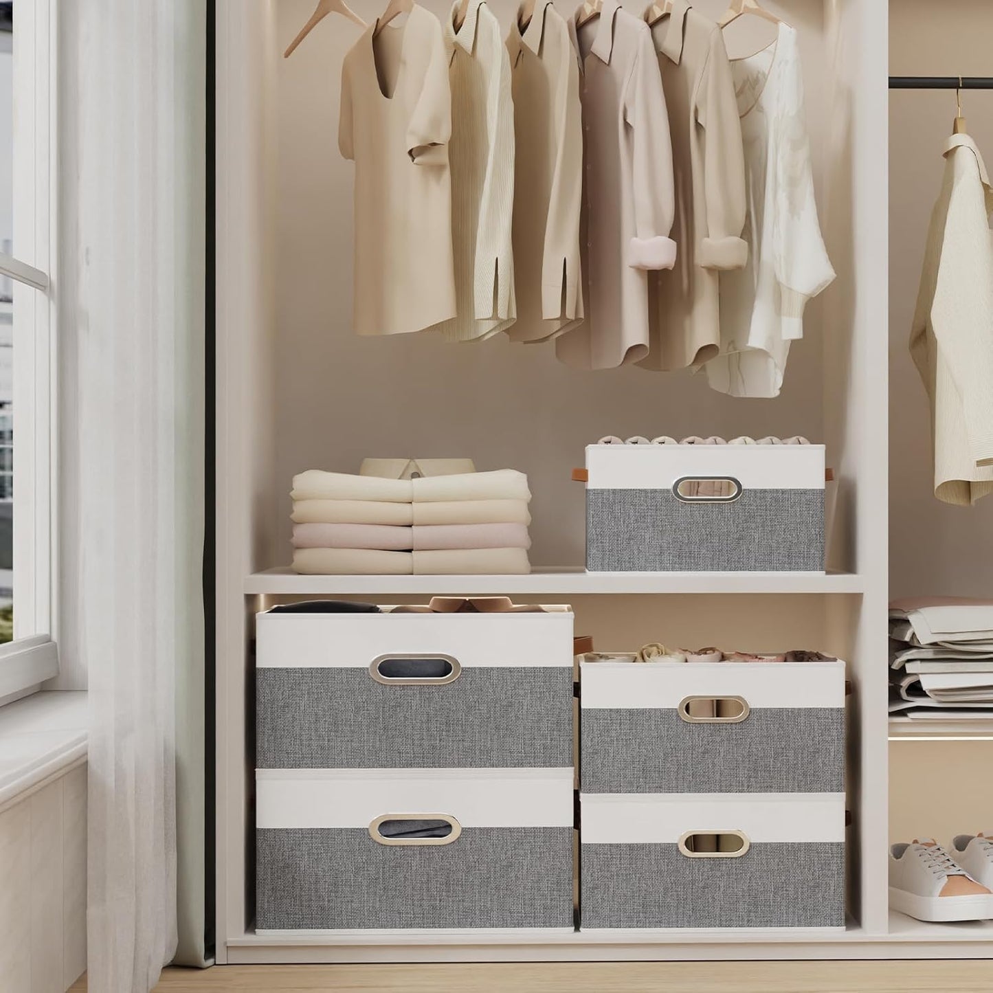 Yawinhe Fabric Storage Baskets - Foldable Closet Organizer with 3 Handles | Large Canvas Bins, White/Grey, 4-Pack (12.99''L x 9.05''W x 7.87''H)