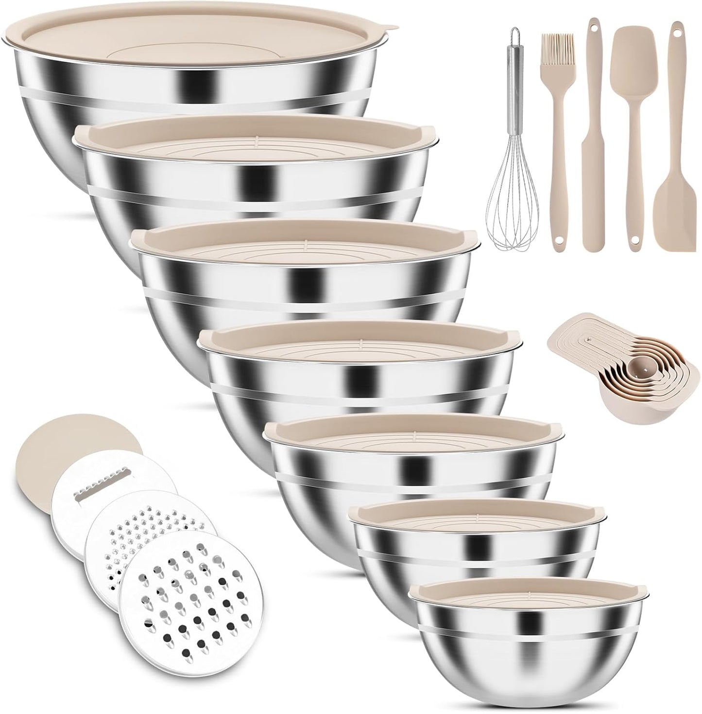 Stainless Steel Mixing Bowls Set by [Brand Name] - 7-Piece with Lids & Grater Attachments | Perfect for Cooking & Baking, Khaki
