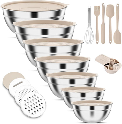 Stainless Steel Mixing Bowls Set by [Brand Name] - 7-Piece with Lids & Grater Attachments | Perfect for Cooking & Baking, Khaki