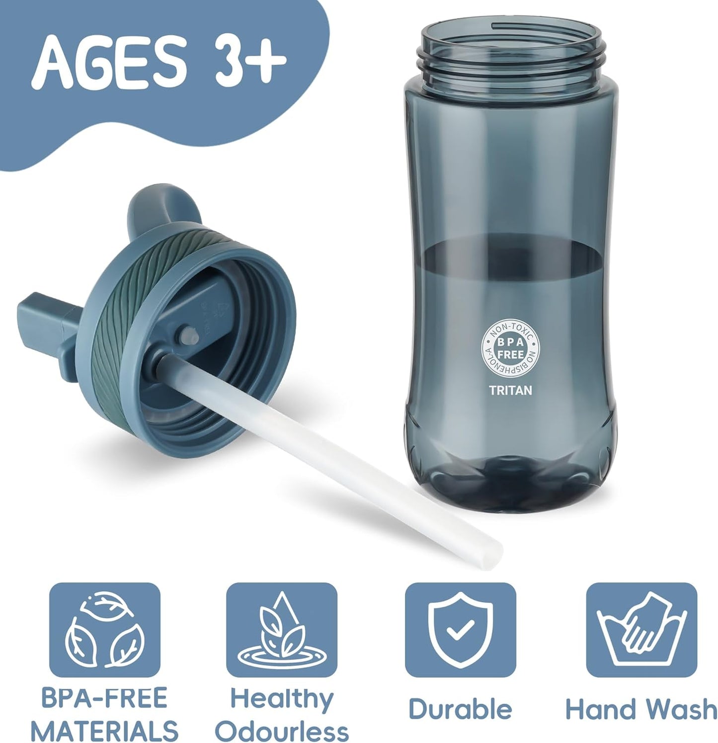 Skiennix Kids Clear Water Bottle - 14oz Leakproof Tritan Design with Flip Straw & Carry Handle - Dark Blue