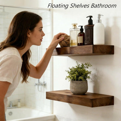BBE Floating Shelves - Rustic Walnut Wall-Mounted Storage for Bathroom & Living Room | Set of 2, 16 Inch