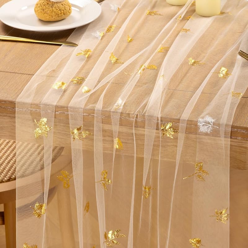 Beige Gold Glitter Gauze Table Runner 10 ft 29x120 Inch - Sparkling Cheesecloth for Weddings & Parties (Variation: Beige Gold Maple+1)