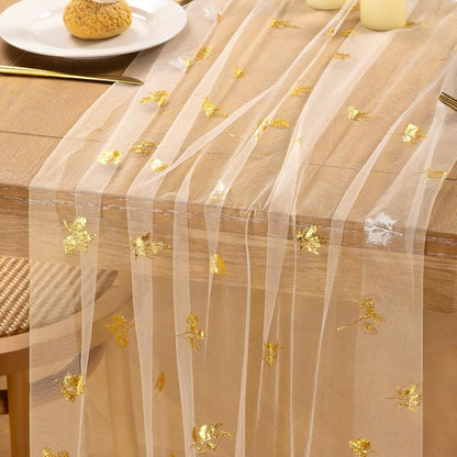 Beige Gold Glitter Gauze Table Runner 10 ft 29x120 Inch - Sparkling Cheesecloth for Weddings & Parties (Variation: Beige Gold Maple+1)