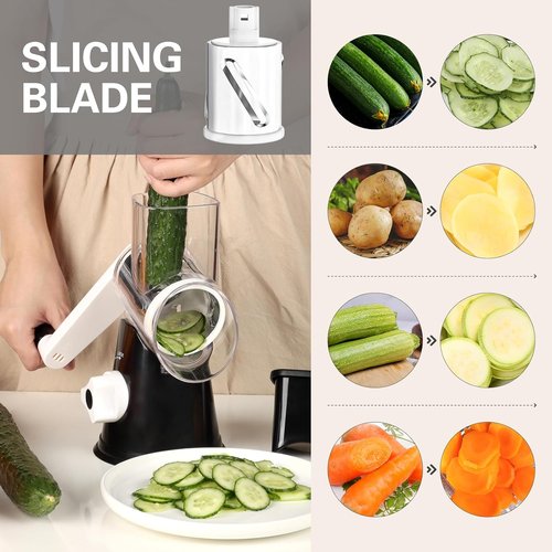 Cambom Rotary Cheese Grater - Hand Crank Shredder for Fresh Cheese & Vegetables | Non-Slip Base, Black