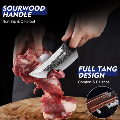Topfeel 3PCS Butcher Knife Set, Hand Forged Serbian Chef Knives & Meat Cleaver & Viking Knives, Meat Cutting Kitchen Knife Set for Home, Outdoor Cooking, Camping BBQ Gift Idea Men