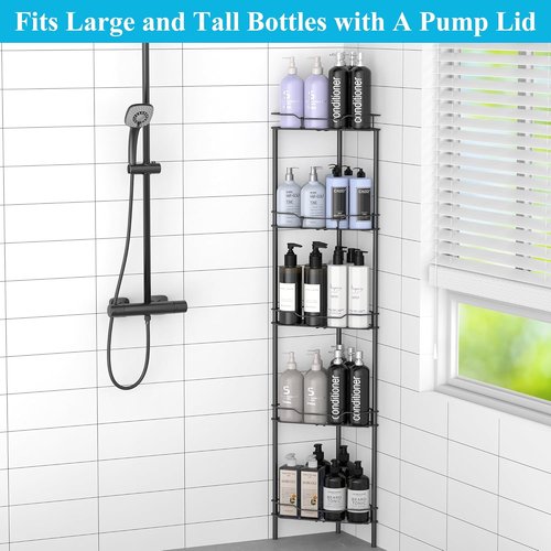 HuggieGems 5-Tier Corner Shower Caddy Organizer - Stylish Matt Black Bathroom Shelf Stand with Hooks