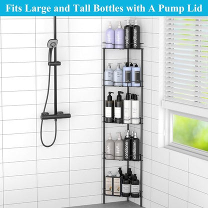 HuggieGems 5-Tier Corner Shower Caddy Organizer - Stylish Matt Black Bathroom Shelf Stand with Hooks