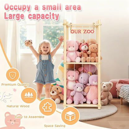 Stuffed Animal Storage | Tall Natural Pine Wood Plushie Zoo with Elastic Cords - Space-Saving Playhouse for Kids