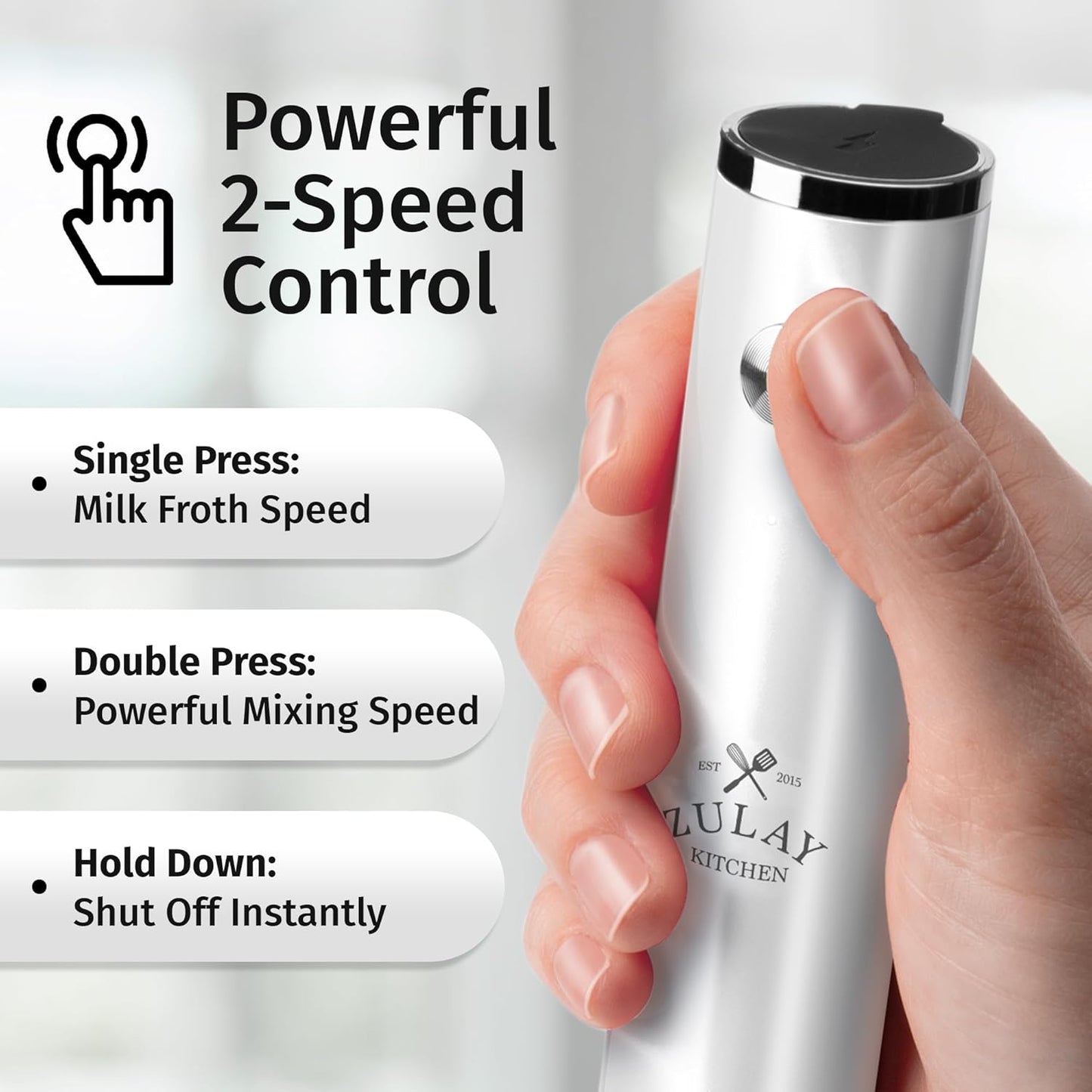 Zulay Kitchen Rechargeable Milk Frother Handheld Lux - Powerful 2-Speed Motor, Waterproof, 2000mAh Battery - Drink Mixer for Latte, Cappuccino, Matcha & Protein Powder - Snow White
