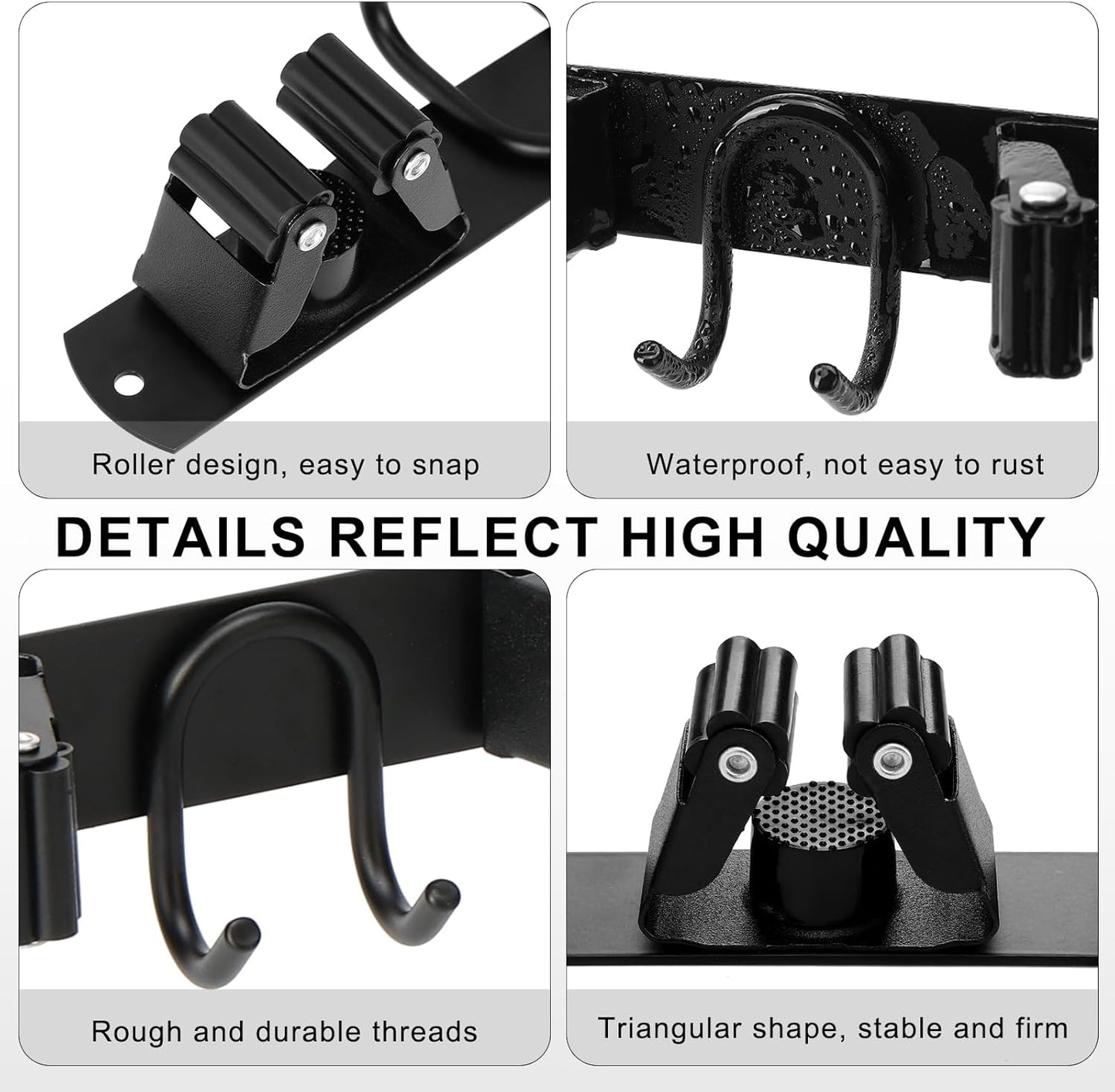 Skiennix Broom Holder Wall Mount - Stainless Steel Mop Hanger with 4 Slots & 6 Hooks | Black 1-Pack for Home Organization