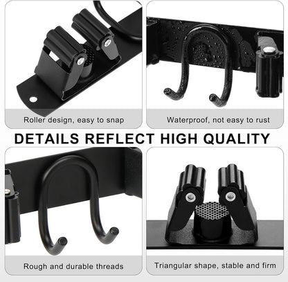Skiennix Broom Holder Wall Mount - Stainless Steel Mop Hanger with 4 Slots & 6 Hooks | Black 1-Pack for Home Organization