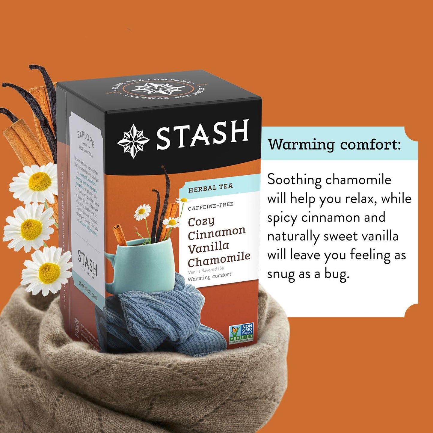 Stash Tea Cozy Cinnamon Vanilla Chamomile Herbal Tea, Caffeine-Free, Kosher, Gluten Free & Non-GMO, 18 Tea Bags (Pack of 6)