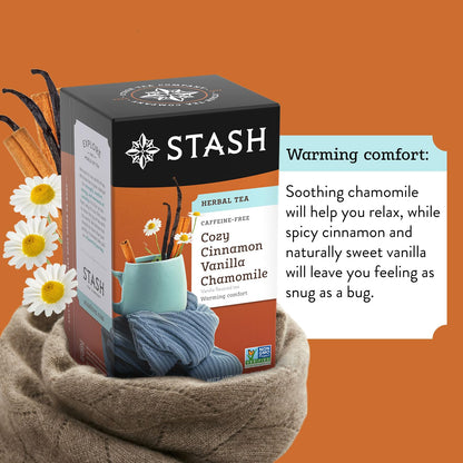 Stash Tea Cozy Cinnamon Vanilla Chamomile Herbal Tea, Caffeine-Free, Kosher, Gluten Free & Non-GMO, 18 Tea Bags (Pack of 6)