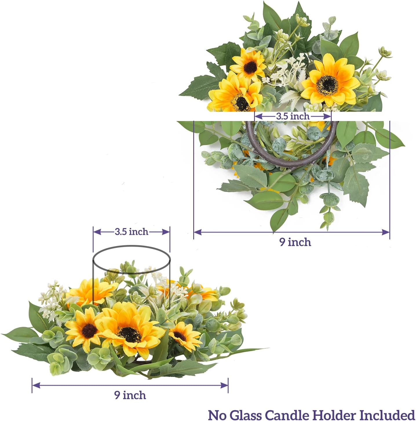 Skiennix Mini Spring Floral Candle Rings - 2 Pcs 9-Inch Yellow Sunflower Wreaths for Home Decor | Ideal for Weddings & Parties