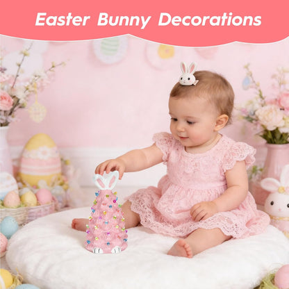 Skiennix Cute Ceramic Easter Bunny Decor - Light-Up Spring Tabletop Decoration for Kids (Pink)