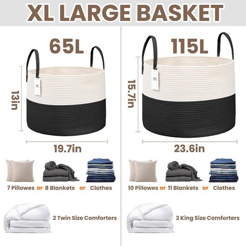 JMvicyroam 65L Extra Large Blanket Basket - Woven Cotton Rope Laundry Hamper with Handles | Machine Washable, White & Black