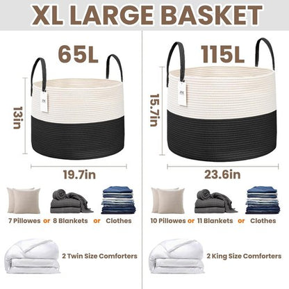 JMvicyroam 65L Extra Large Blanket Basket - Woven Cotton Rope Laundry Hamper with Handles | Machine Washable, White & Black