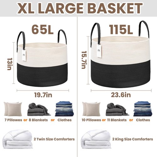 JMvicyroam 65L Extra Large Blanket Basket for Living Room - Woven Cotton Rope Laundry Hamper with Reinforced Handles - Storage Bin for Pillows, Comforters & Toys - Machine Washable,White&Black