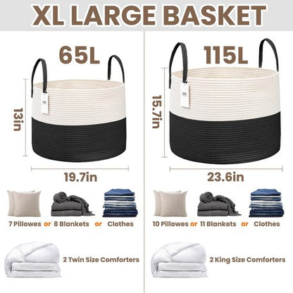 JMvicyroam 65L Extra Large Blanket Basket for Living Room - Woven Cotton Rope Laundry Hamper with Reinforced Handles - Storage Bin for Pillows, Comforters & Toys - Machine Washable,White&Black