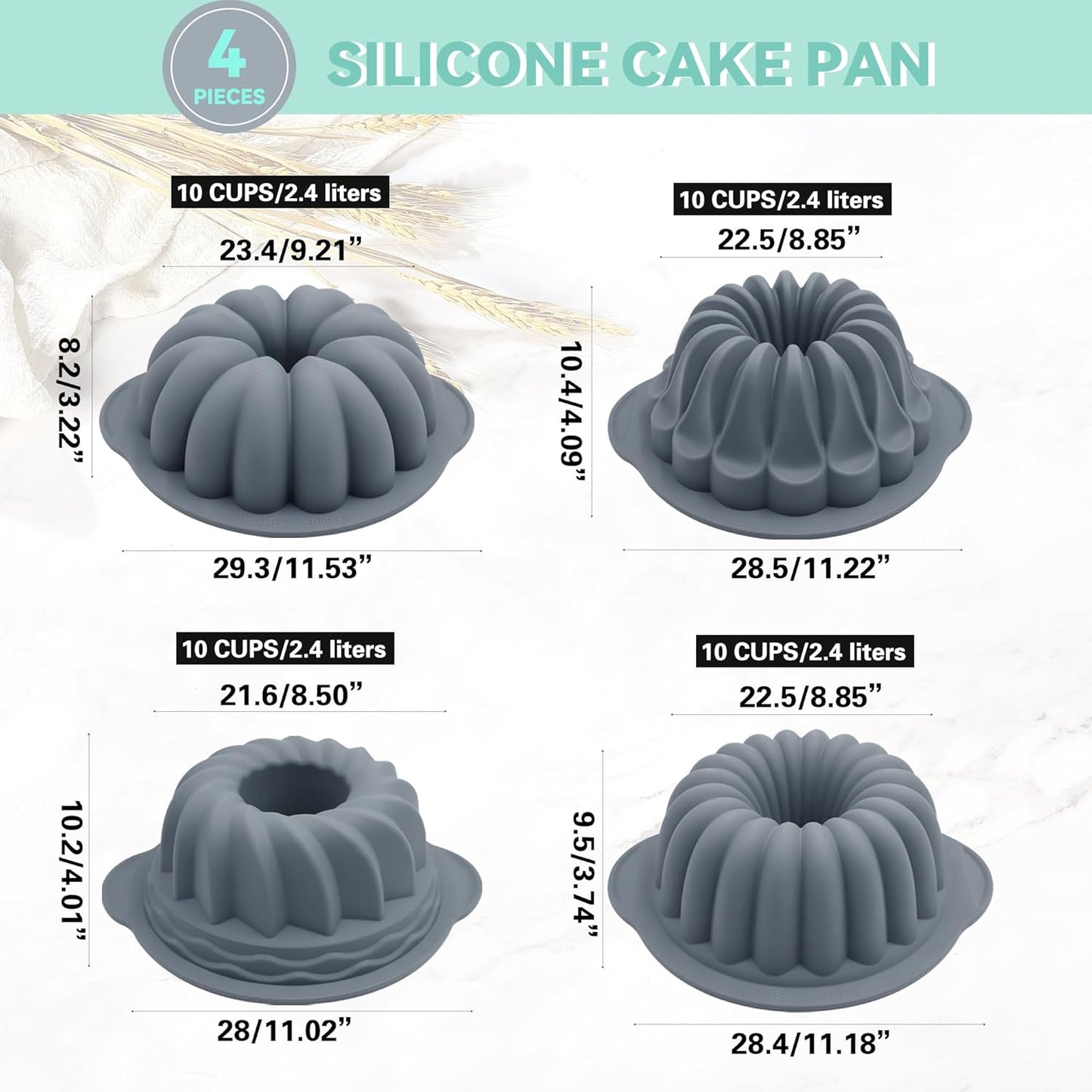 Tongjude Silicone Fluted Tube Cake Pans - 4 Pieces Non-Stick Baking Molds for Cakes, Jello & Bread | 10 Cups, Grey