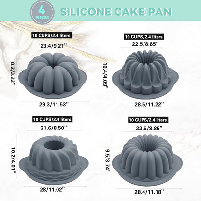 Tongjude Silicone Fluted Tube Cake Pans - 4 Pieces Non-Stick Baking Molds for Cakes, Jello & Bread | 10 Cups, Grey