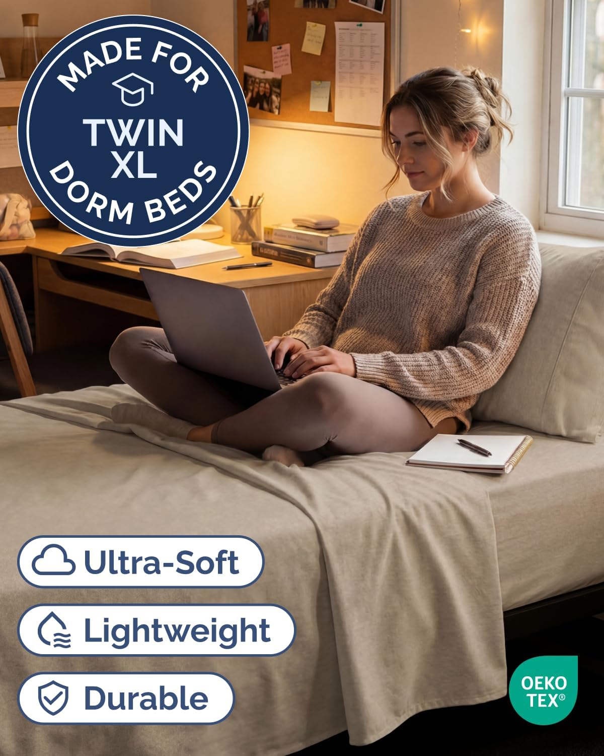Skiennix Twin XL Sheet Set - Comfy Cooling 3-Piece Bedding - Luxury Hotel Quality - Deep Pockets, Wrinkle-Free, Beige