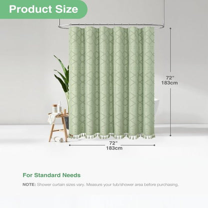 Dynamene sage Green Fabric Shower Curtain, Boho Tufted Geometric Striped Tassel Shower Curtain for Bathroom, Shabby Chic Modern Farmhouse Waterproof Cloth Shower Curtain Set, Wrinkle Free, 72x72