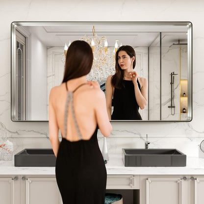 LOAAO Brushed Nickel Bathroom Mirror - 84x32 Inch Rounded Rectangle Design | Anti-Rust, Versatile Hanging Options