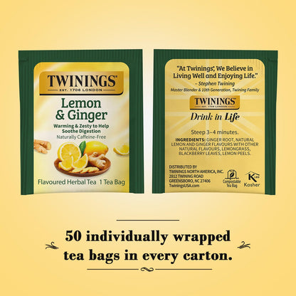 Twinings Lemon & Ginger Tea - Refreshing Ginger Root and Lemon Tea, Naturally Caffeine-Free Herbal Tea Bags Individually Wrapped, 50 Count