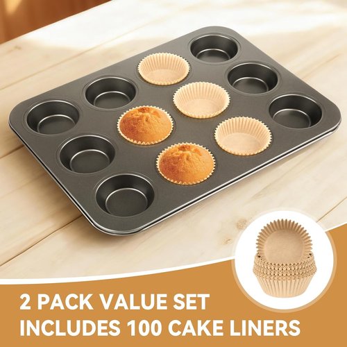 Artcochan Nonstick Muffin Pan - 12 Cup Carbon Steel with 100 Cupcake Liners | Perfect for Baking