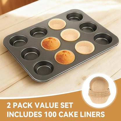 Artcochan Nonstick Muffin Pan - 12 Cup Carbon Steel with 100 Cupcake Liners | Perfect for Baking