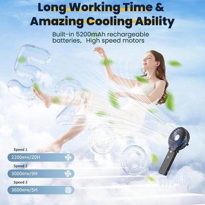 HandFan Portable Handheld Fan - Rechargeable 5200mAh Battery, 3 Speeds, 20H Runtime | Ideal for Travel & Summer (Black & Blue)