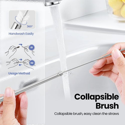 Ecoangel Reusable Collapsible Stainless Steel Drinking Straws - 4-Pack with Aluminum Case & Cleaning Brush | Silver, Blue, Red, Green