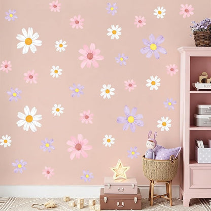 Tanlaby 9 Sheets Daisy Wall Decals – Watercolor Floral Stickers, Pink White Purple Variation