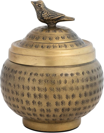 Regine Switzerland Round Hammered Metal Container - Elegant Bird Finial in Brass Finish