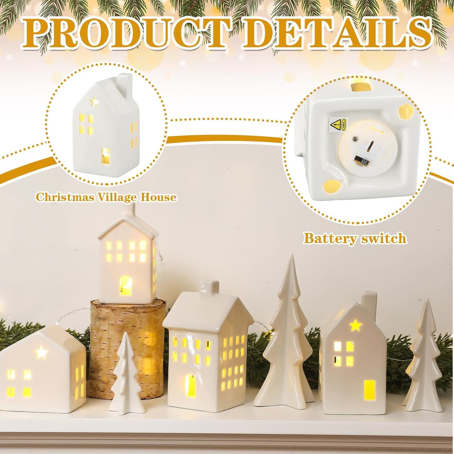 Newtay Ceramic Christmas Village Set - 7 Pcs LED Light-Up White Houses & Xmas Trees for Rustic Holiday Decor