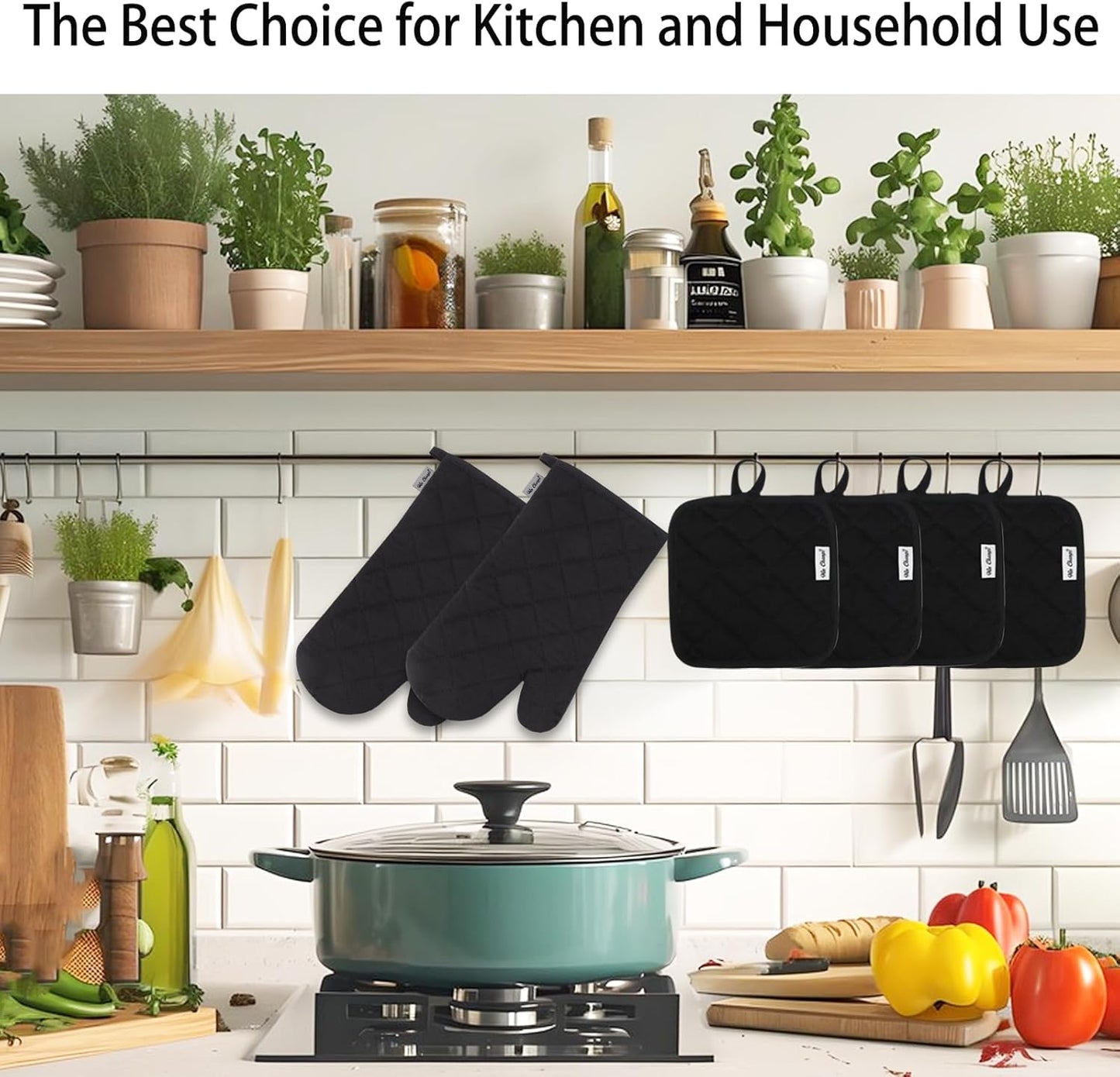 Skiennix Oven Mitts Set - 6 Pcs High Heat Resistant Extra Thick Potholders | Black Recycled Cotton