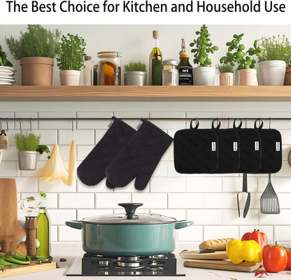 Skiennix Oven Mitts Set - 6 Pcs High Heat Resistant Extra Thick Potholders | Black Recycled Cotton