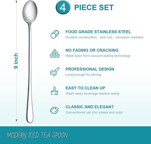 Hiware Iced Tea Spoon Set - 9-Inch Long Handle Stainless Steel Coffee & Ice Cream Spoons | Set of 4