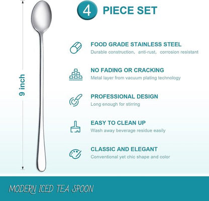 Hiware Iced Tea Spoon Set - 9-Inch Long Handle Stainless Steel Coffee & Ice Cream Spoons | Set of 4