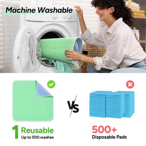 WhyWorry Washable Bed Pads for Adult Incontinence, 34" x 36" (Pack of 2) Washable Pee Pads for Bed Wetting, Heavy Absorbency Reusable Underpads for Elderly & Kids, Waterproof Mattress Protector, Green