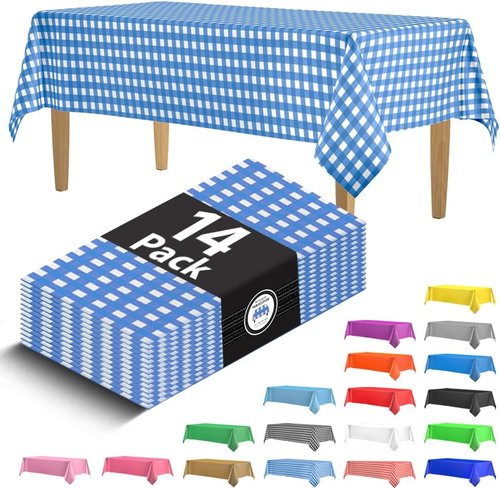 Blue Gingham Checkered Picnic Tablecloths by [Brand Name] - 14 Pack Disposable 54x108 in. for Parties & Events