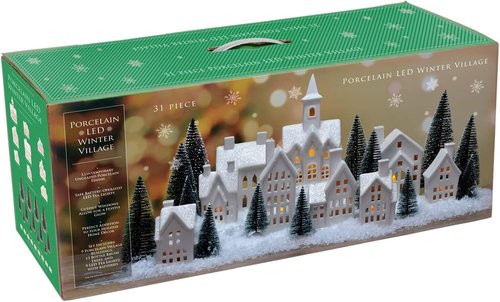 Mark Feldstein & Associates LED Tea Light Winter Village - 31-Piece Porcelain Christmas Figurine Set