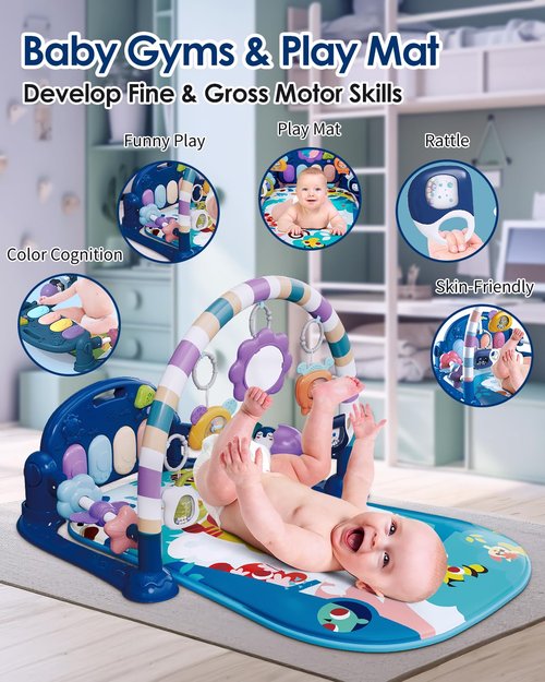 Dearlomum Baby Play Mat - Fun Piano Tummy Time Activity Gym with 5 Sensory Toys | Blue for Newborns 0-12 Months