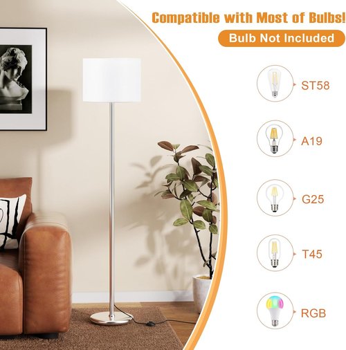 Ambimall 60'' Modern Floor Lamp - Stylish White Shade with Silver Pole for Living Room & Office