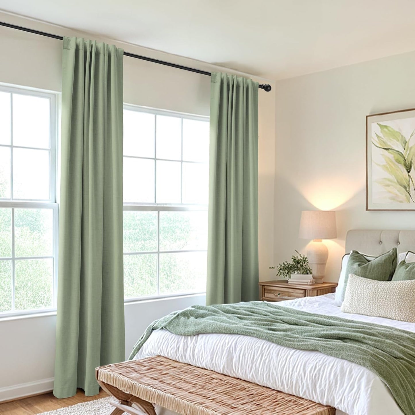 Skiennix 100% Blackout Linen Curtains - Thermal Insulated Drapes, 84" Long, 50" W, Sage | 2 Panels Set