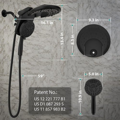 Rain Shower Head with Handheld: Foldable High Pressure Shower Heads with Handheld Spray Combo, 9 Spray Settings/Modes Hand Held Showerhead Dual Rainfall Shower Head Built-in Magnetic Docking and Jets