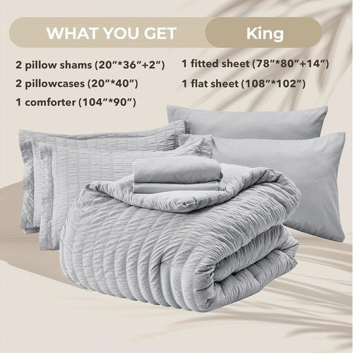 HYMOKEGE King Size Comforter Set - Luxury 7-Piece All-Season Bedding in Light Grey with Sheets & Pillowcases