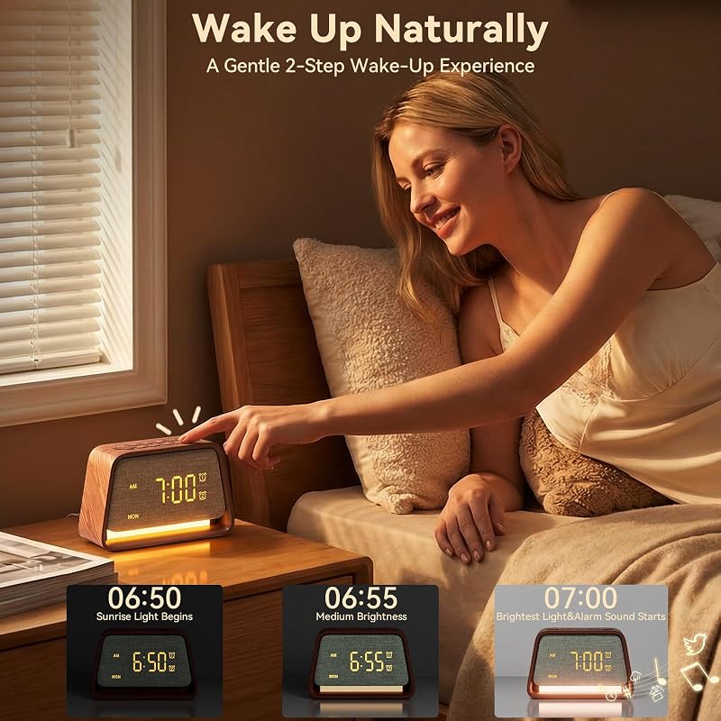 Alarm Clock with White Noise Machine & Night Light – Dark Wood Grain, Dual Alarm