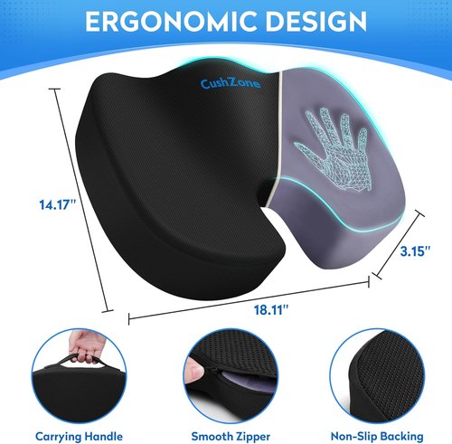 CushZone Seat Cushion - Memory Foam Coccyx Pillow for Sciatica & Back Pain Relief | Black Office Chair Cushion